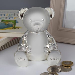 Personalised Silver Teddy Bear Money Box