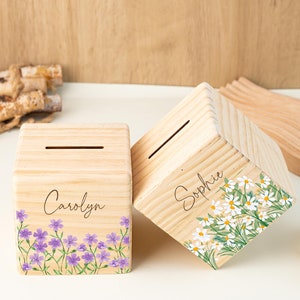 Personalised Wooden Piggy Bank with Birth Flower