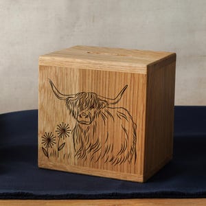 Highland Cow Oak Money Box
