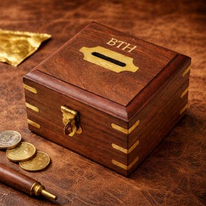 Personalised Wooden Money Box with Gold Initials