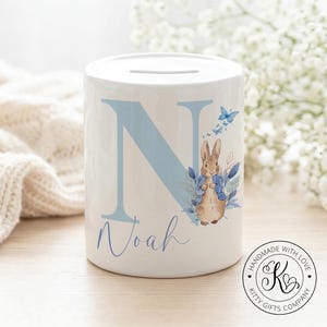 Personalised Blue Rabbit Ceramic Money Box