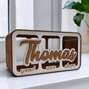 Save Spend Share Wooden Bank
