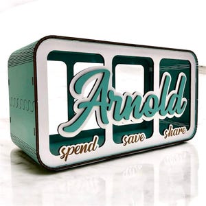 Wooden Piggy Bank: Save Spend Share Box