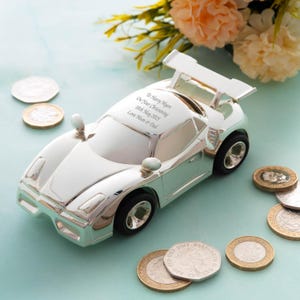 Personalised Silver Racing Car Money Box